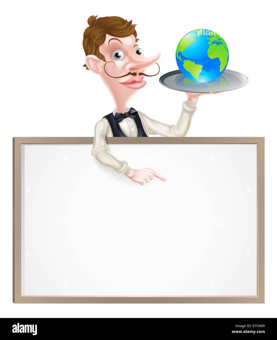 An illustration of a cartoon waiter holding a tray with a world globe on it  and pointing at a signboard Stock Photo