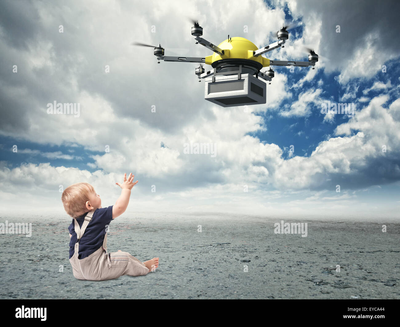 little sit child look modern drone Stock Photo - Alamy