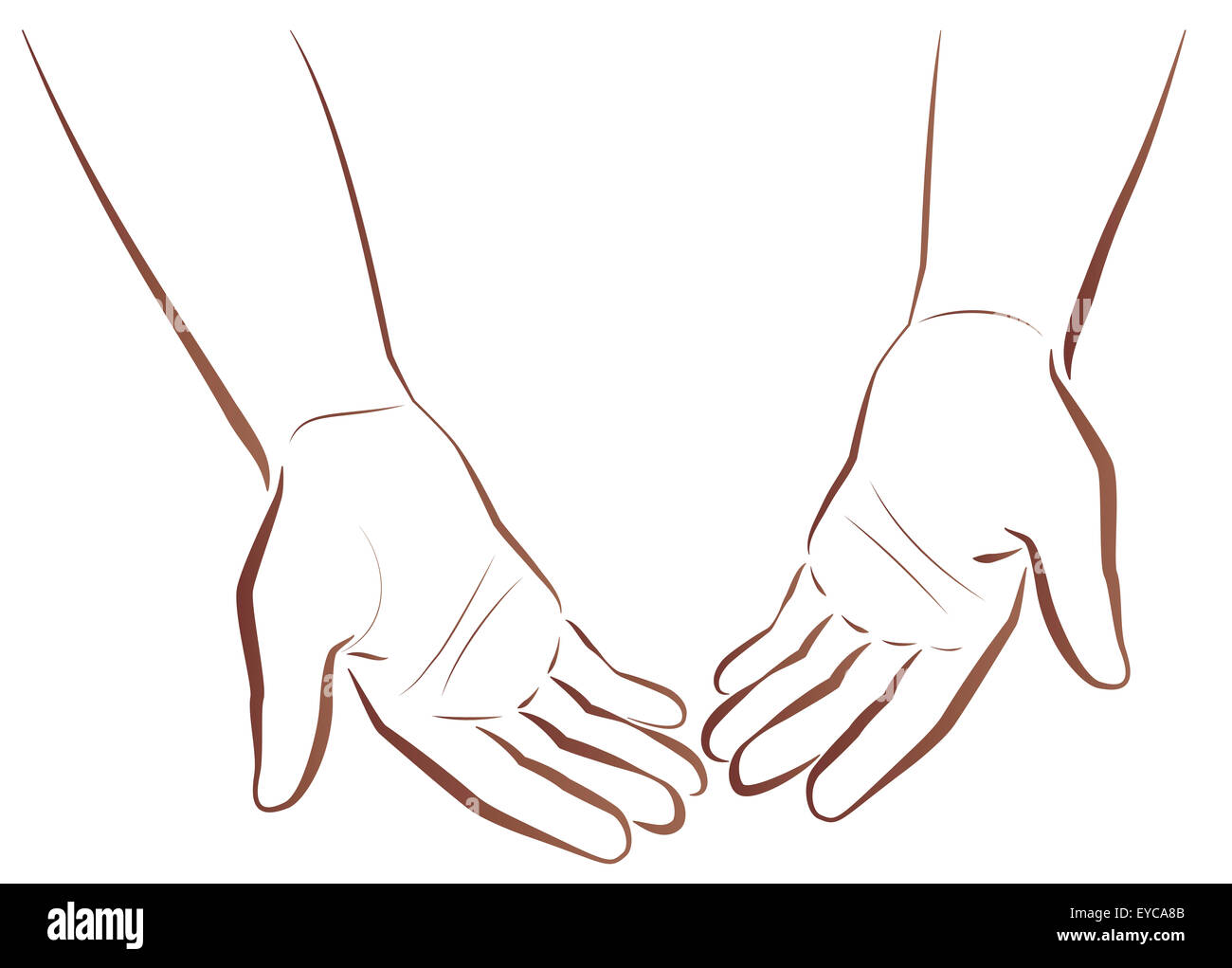 Empty-handed. Two hands of a poor man showing his empty hands. Outline illustration on white background. Stock Photo