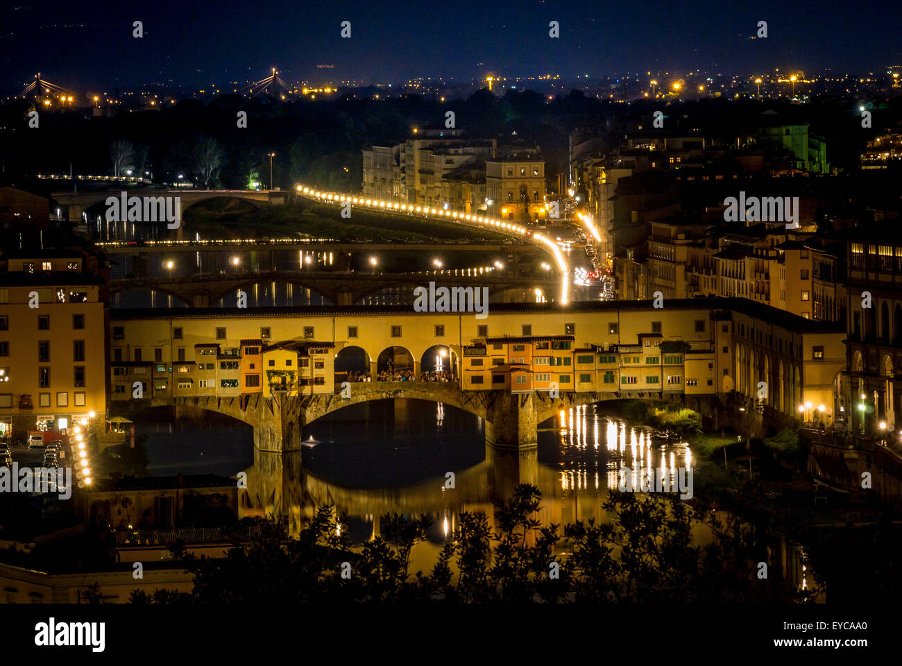 Ponte Vecchio at night and the river Arno. Florence, Italy. Stock Photo