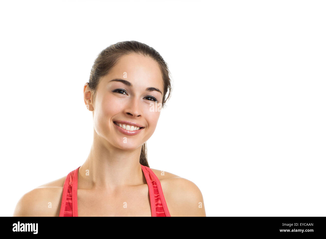 Portrait of young smiling beautiful woman on white background Stock ...