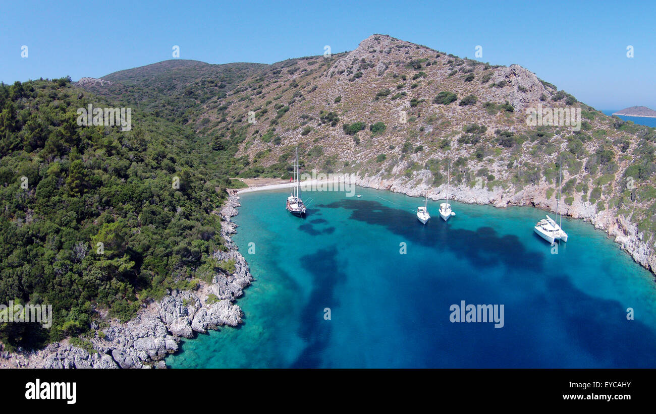 Aerial view of Mersincik Cove and boats Datça Peninsula Turkey Stock ...