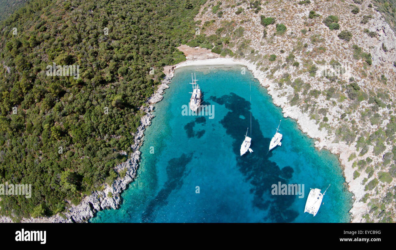 Aerial view of Mersincik Cove and boats Datça Peninsula Turkey Stock ...