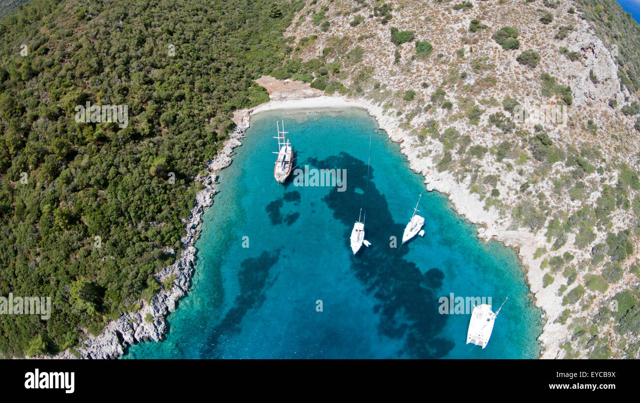 Aerial view of Mersincik Cove and boats Datça Peninsula Turkey Stock ...