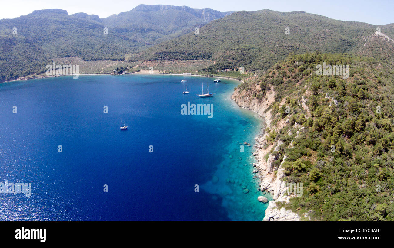 Aerial view of Mersincik Cove and boats Datça Peninsula Turkey Stock ...
