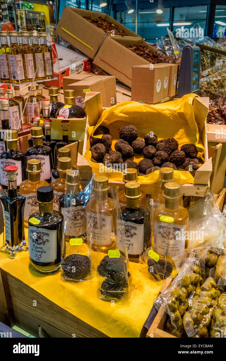 Stall selling truffles and truffle oil at Mercato Centrale indoor market. Florence, Italy. Stock Photo