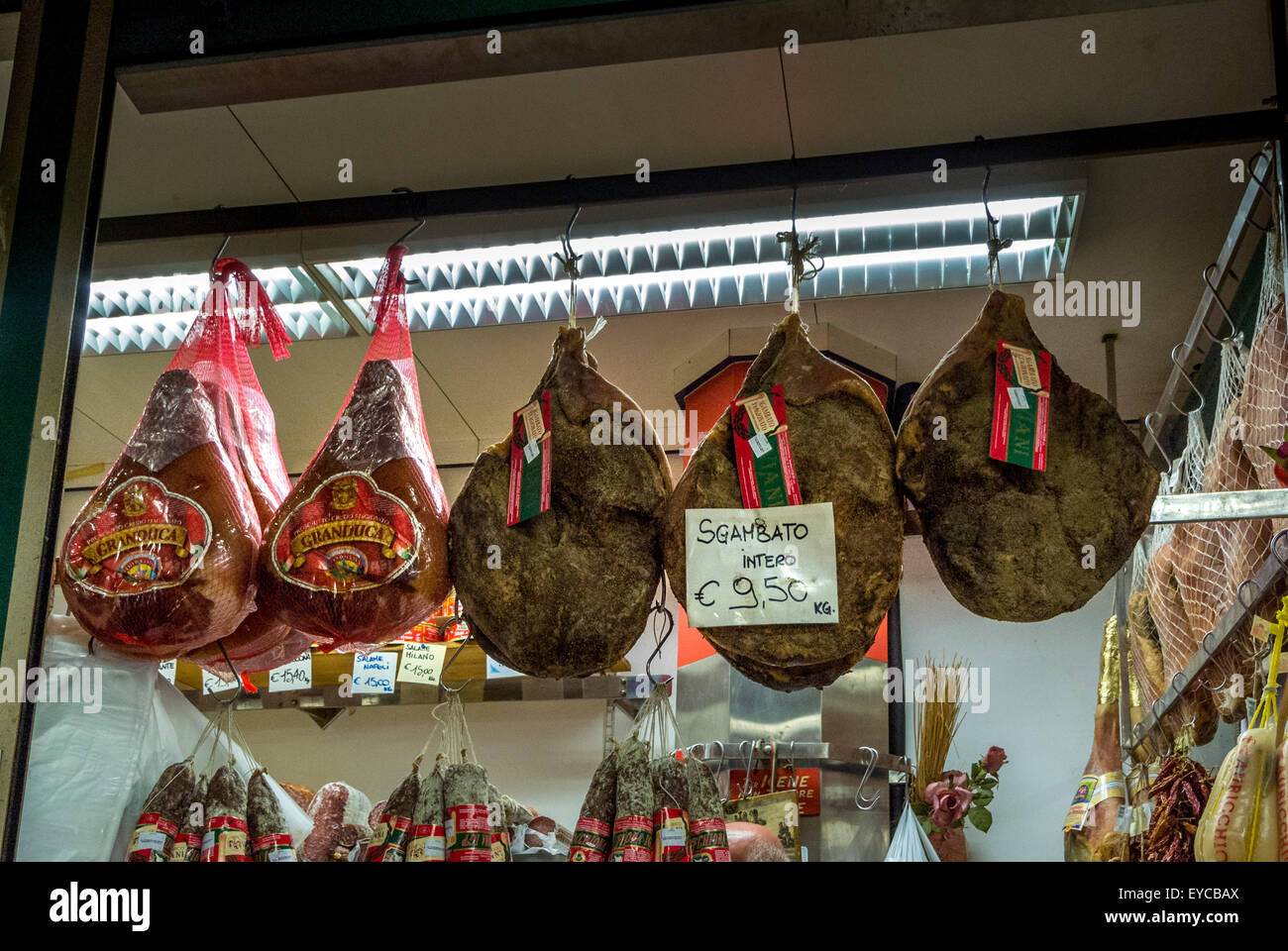 Meat stall at Mercato Centrale indoor market. Florence, Italy. Stock Photo