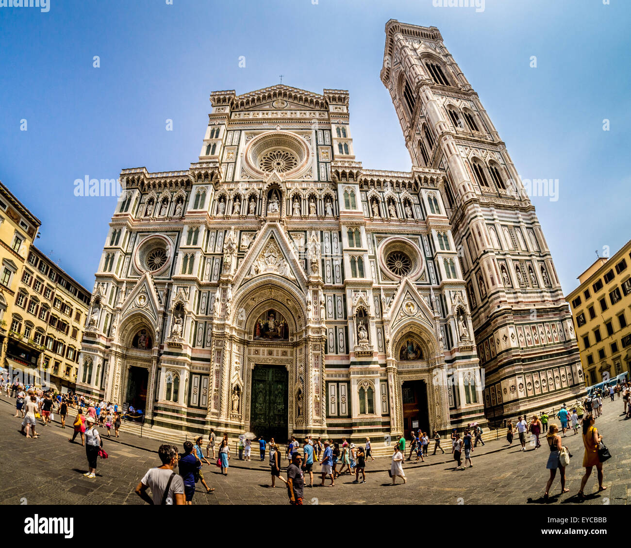 Fisheye lens shot of exterior of west front entrance of Florence Cathedral - The Cattedrale di Santa Maria del Fiore. Florence. Italy. Stock Photo