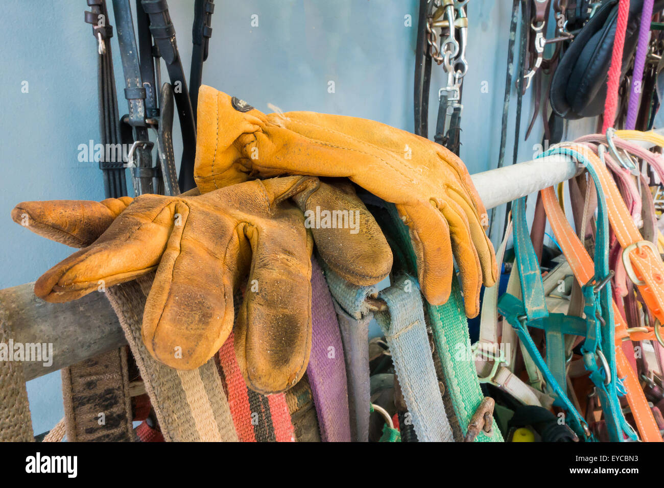 Leather glove for protect labor during his hard work . Stock Photo