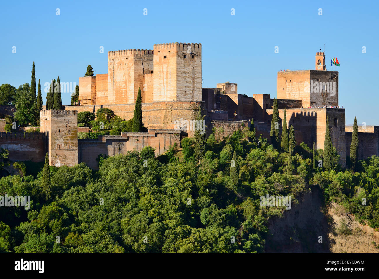 View of Alcazaba towers within the Alhambra Palace complex in Granada, Andalusia, Spain Stock Photo
