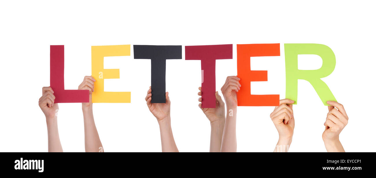 Many People Hands Holding Colorful Straight Word Letter Stock Photo - Alamy