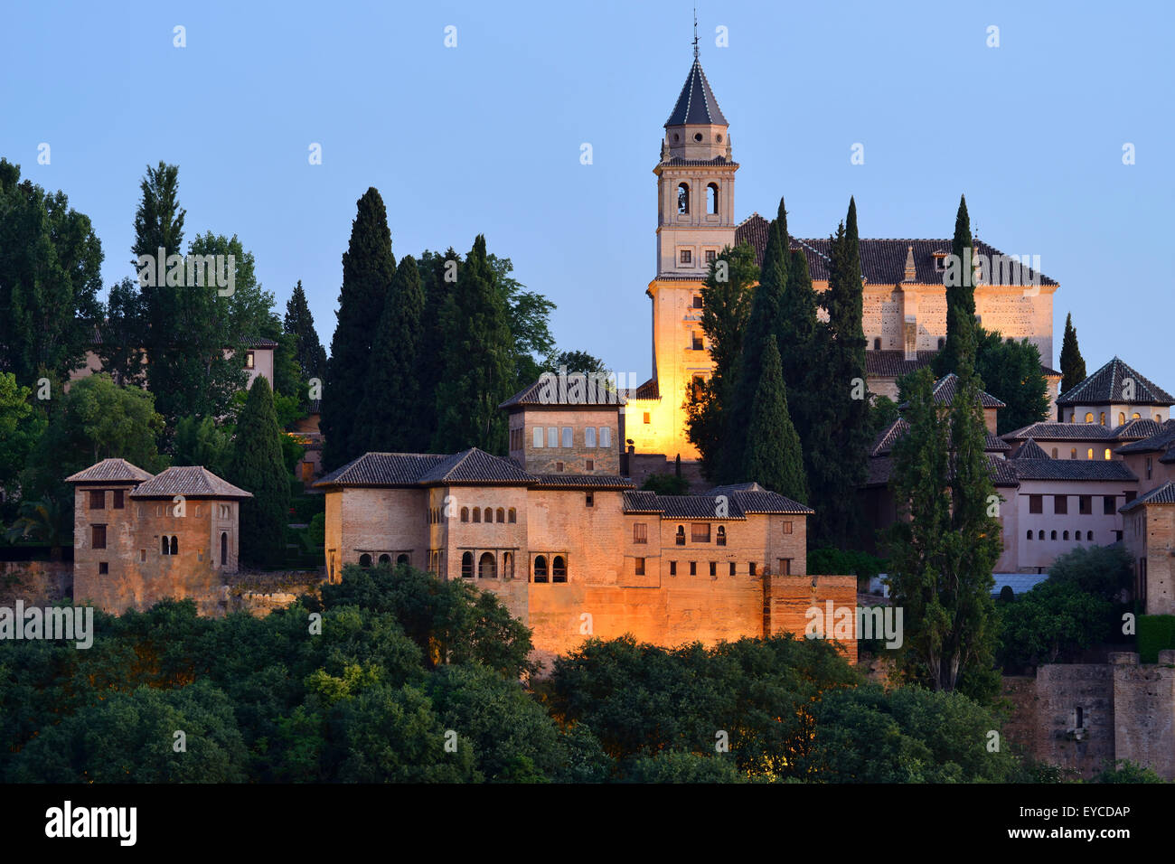 View of  Iglesia de Santa María at dusk within the Alhambra Palace complex in Granada, Andalusia, Spain Stock Photo