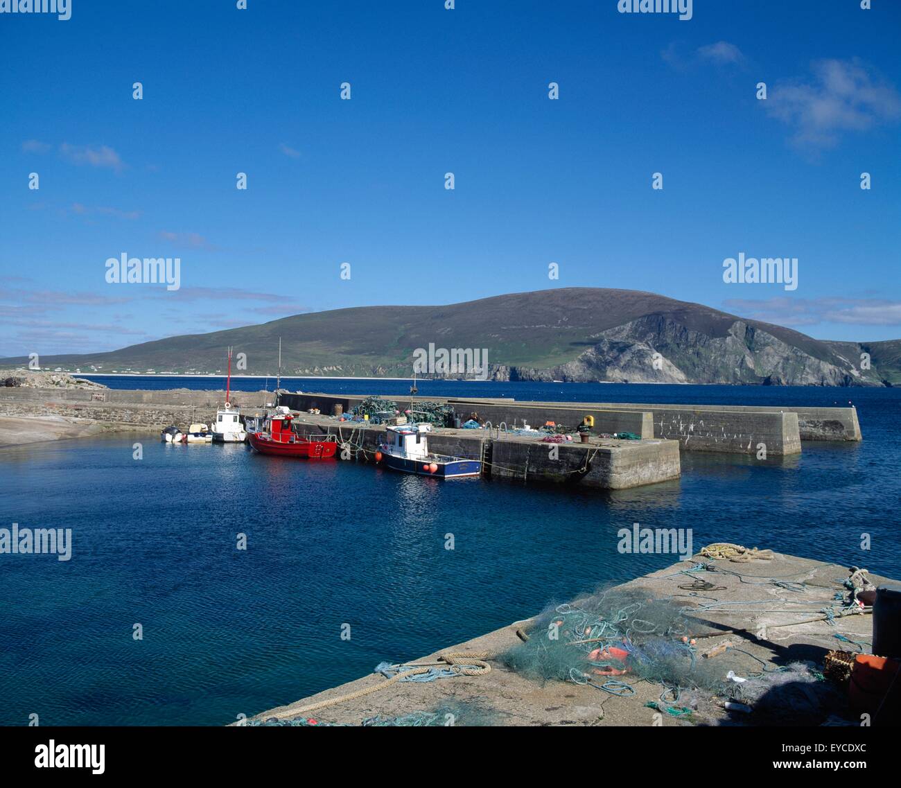 Ponteen Harbour,Co Mayo,Ireland;View Of Harbour With Achill Island And Menawn Cliffs In The Background Stock Photo