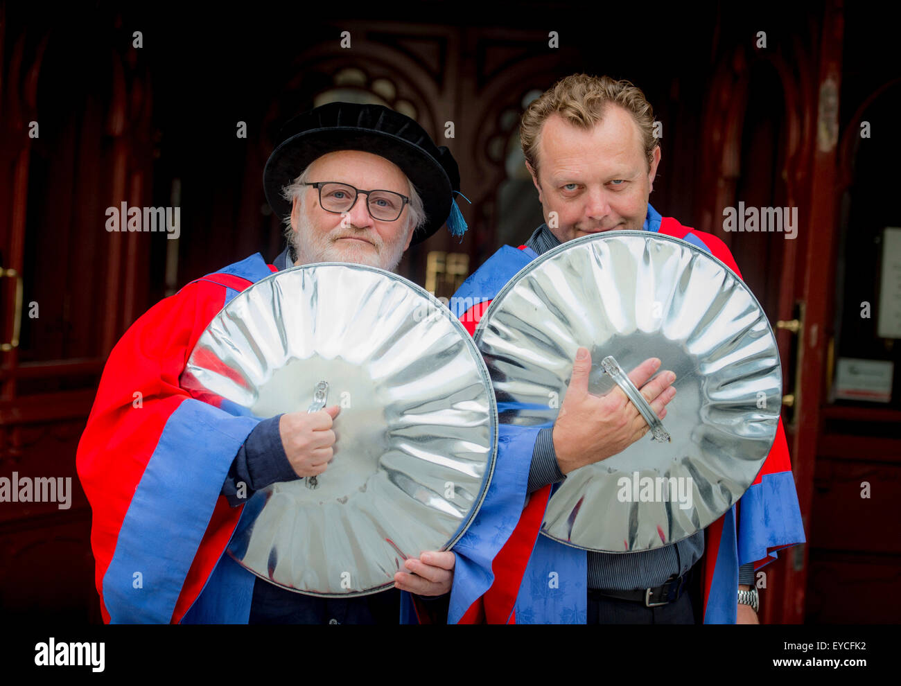 Brighton, UK. 27th July, 2015. Summer graduations at the University of Brighton. Steve McNicholas (left) and Luke Cresswell (right) the founders of Stomp were awarded honorary degrees as Doctor of Arts at the ceremony held this mornining at the Dome in Brighton. Credit:  Jim Holden/Alamy Live News Stock Photo
