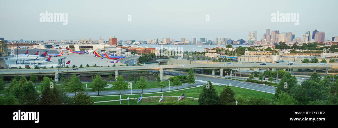 Panoramic view of Boston Logan Airport and Boston city USA Stock Photo