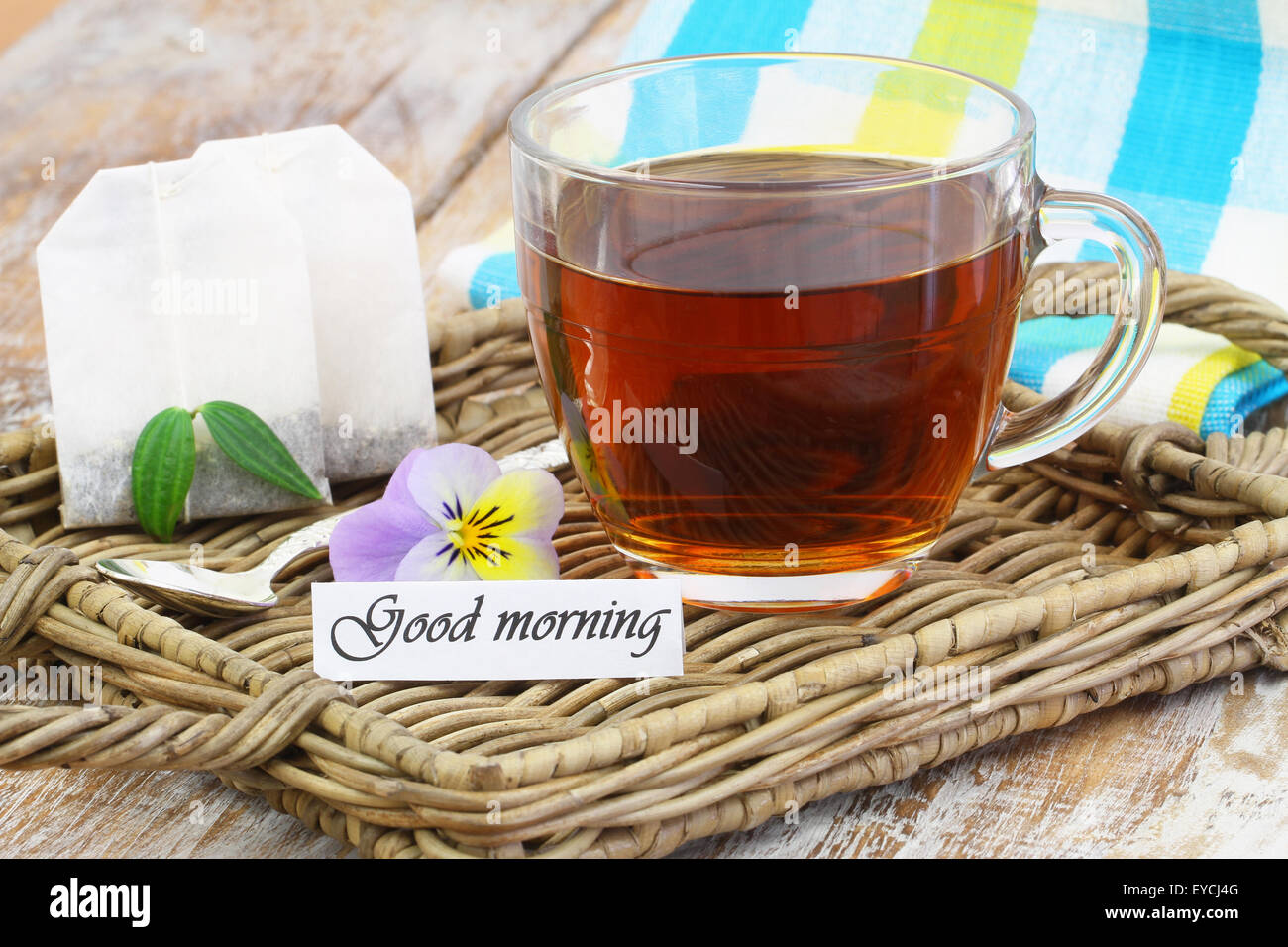 Good Morning Card With Cup Of Tea On Wicker Tray Stock Photo