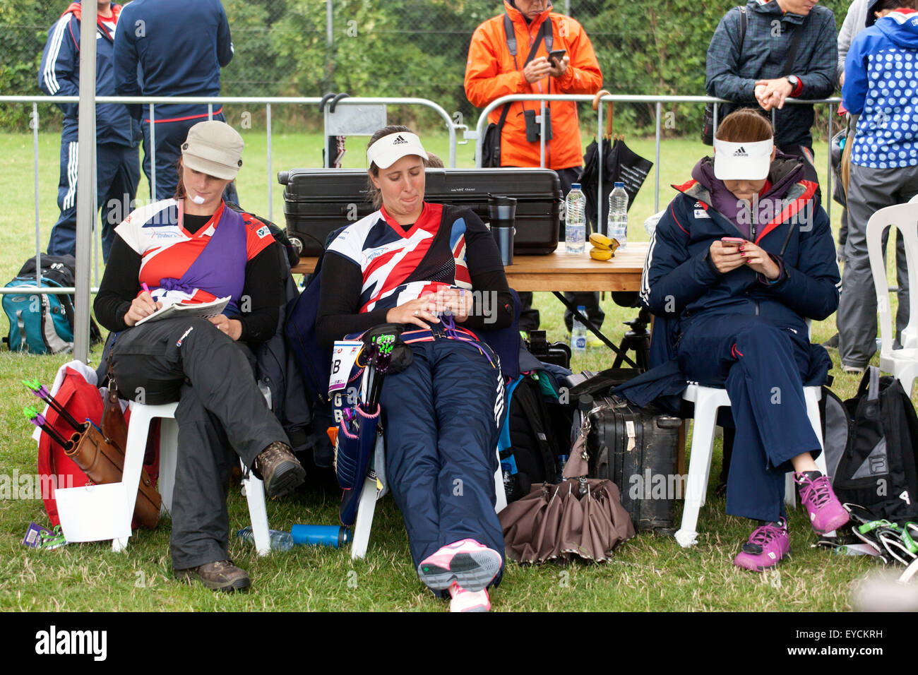Copenhagen, Denmark, July 27th, 2015. UK archer team at the World Archery Championships in Copenhagen is rerlaxing before their shoos in the qualifying round Credit:  OJPHOTOS/Alamy Live News Stock Photo