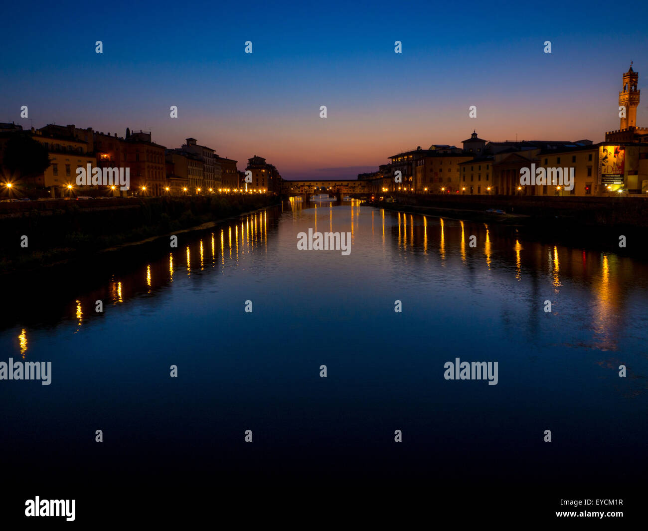 Ponte Vecchio at sunset and the river Arno. Florence, Italy. Stock Photo