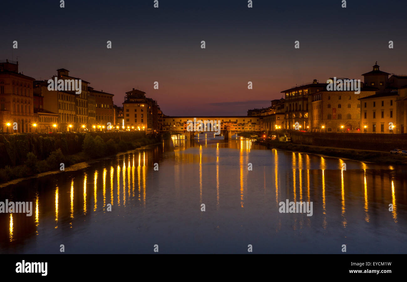 Ponte Vecchio at sunset and the river Arno. Florence, Italy. Stock Photo