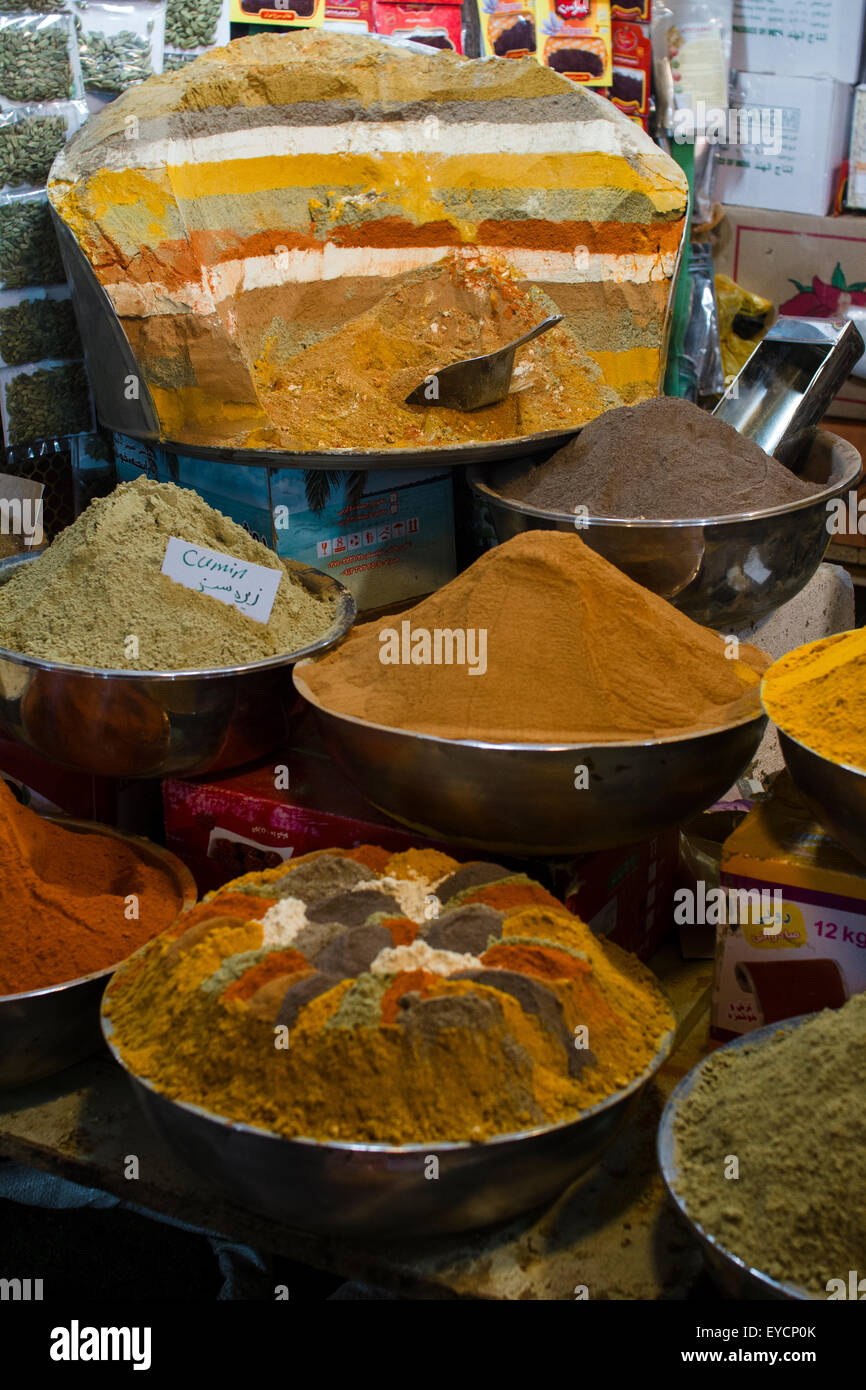 Iran, Isfahan, different curry powders at grand bazaar Stock Photo