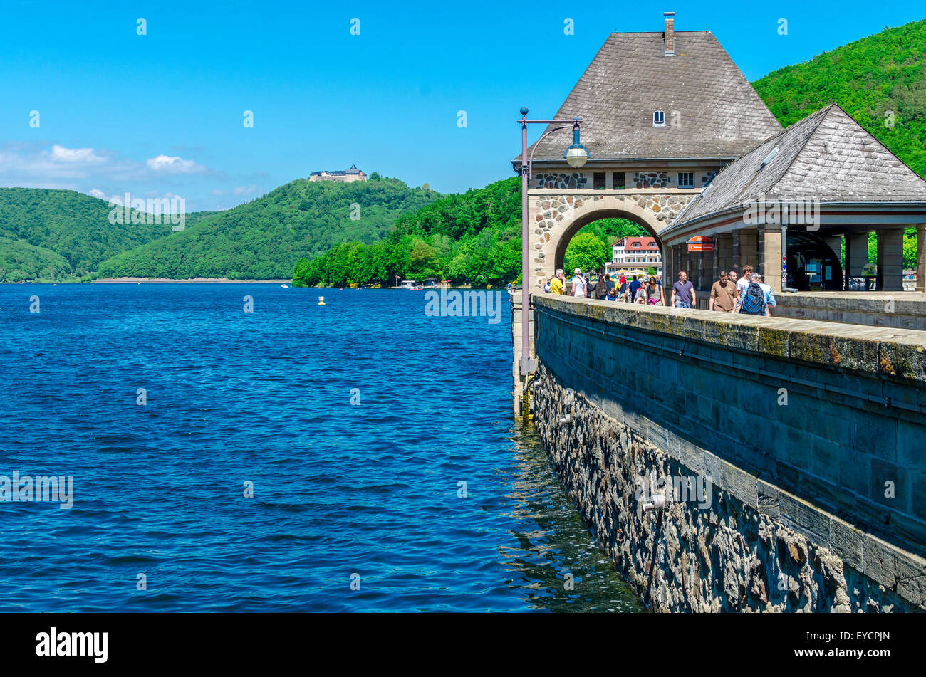 Germany, Hesse, Waldeck, Edersee Dam, Castle Waldeck in the background Stock Photo