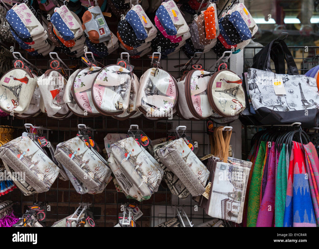 Paris souvenir bags and purses displayed outside gift shop in Montmartre, Paris Stock Photo