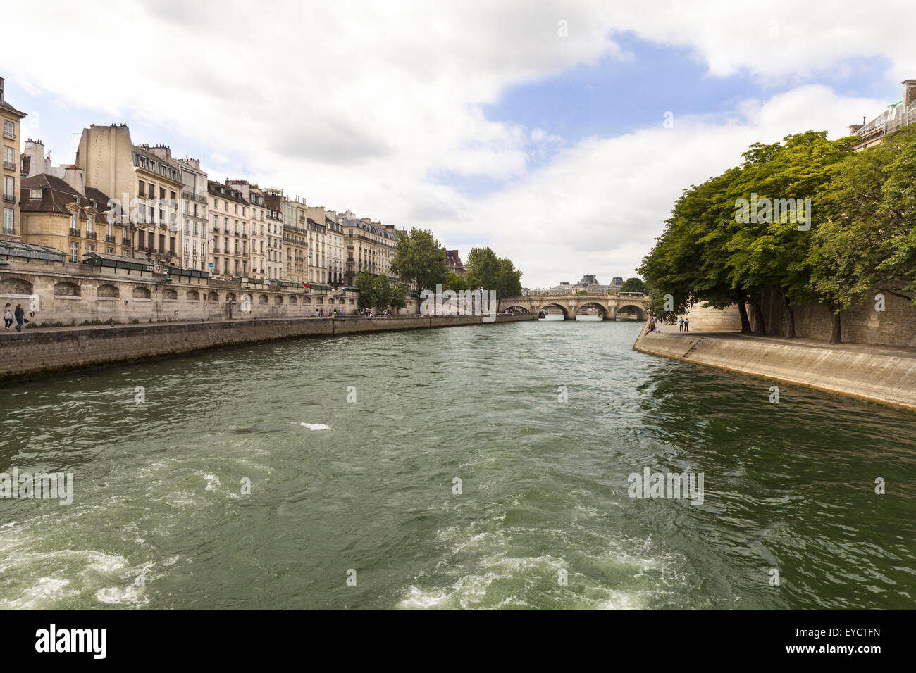 View of the left river bank from the River Seine at Quai des Grands Augustins, with Pont Neuf in the distance, Paris Stock Photo