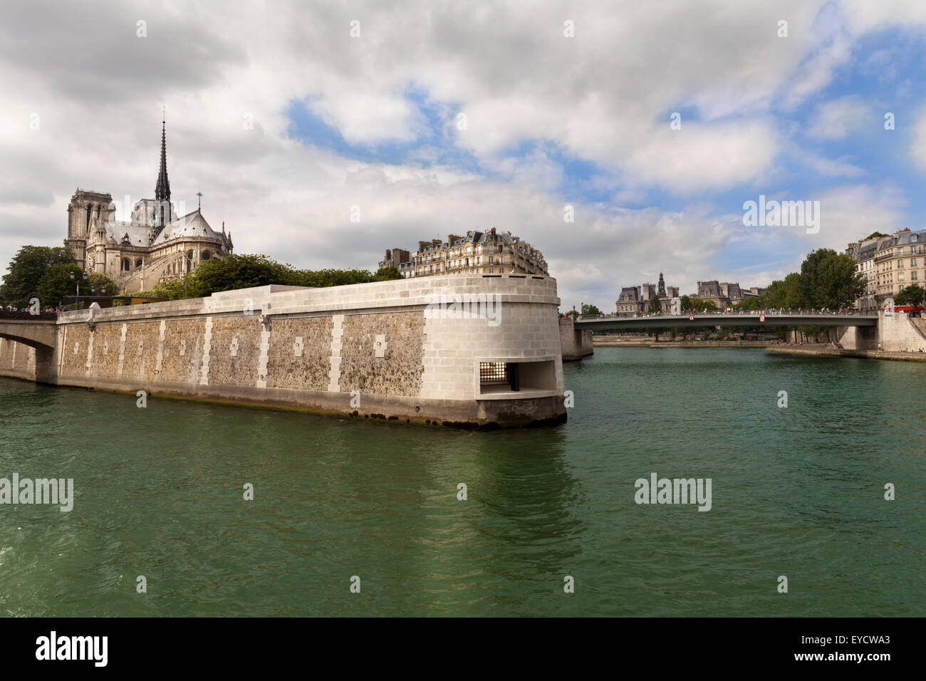 The Gothic Notre Dame de Paris Cathedral on the Ile de la Cite from the River Seine, France Stock Photo