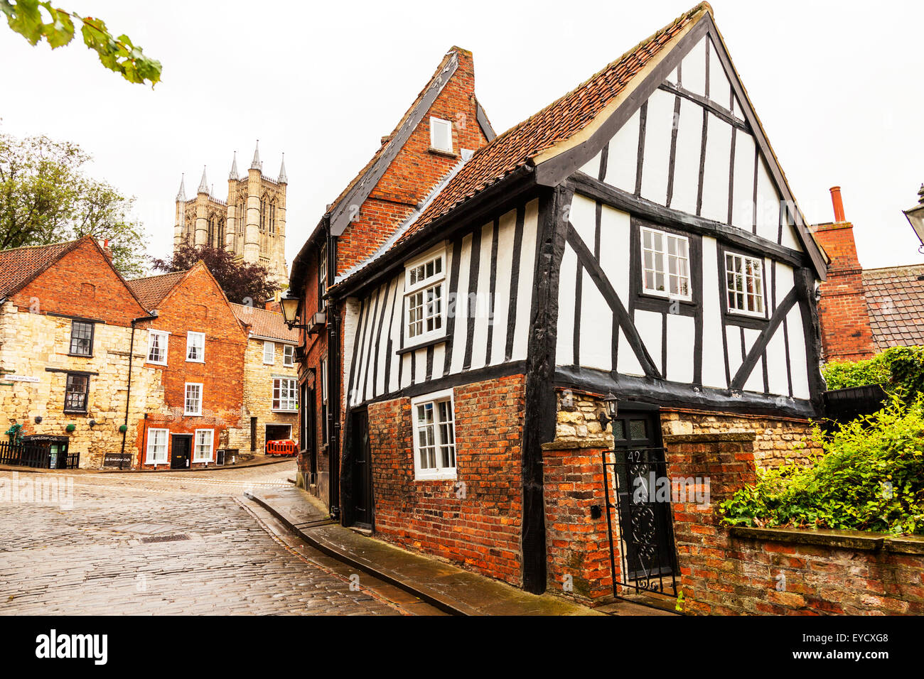 Lincoln city Cathedral Michaelgate tudor timbered house medieval crooked construction architecture UK England Lincolnshire capital Stock Photo