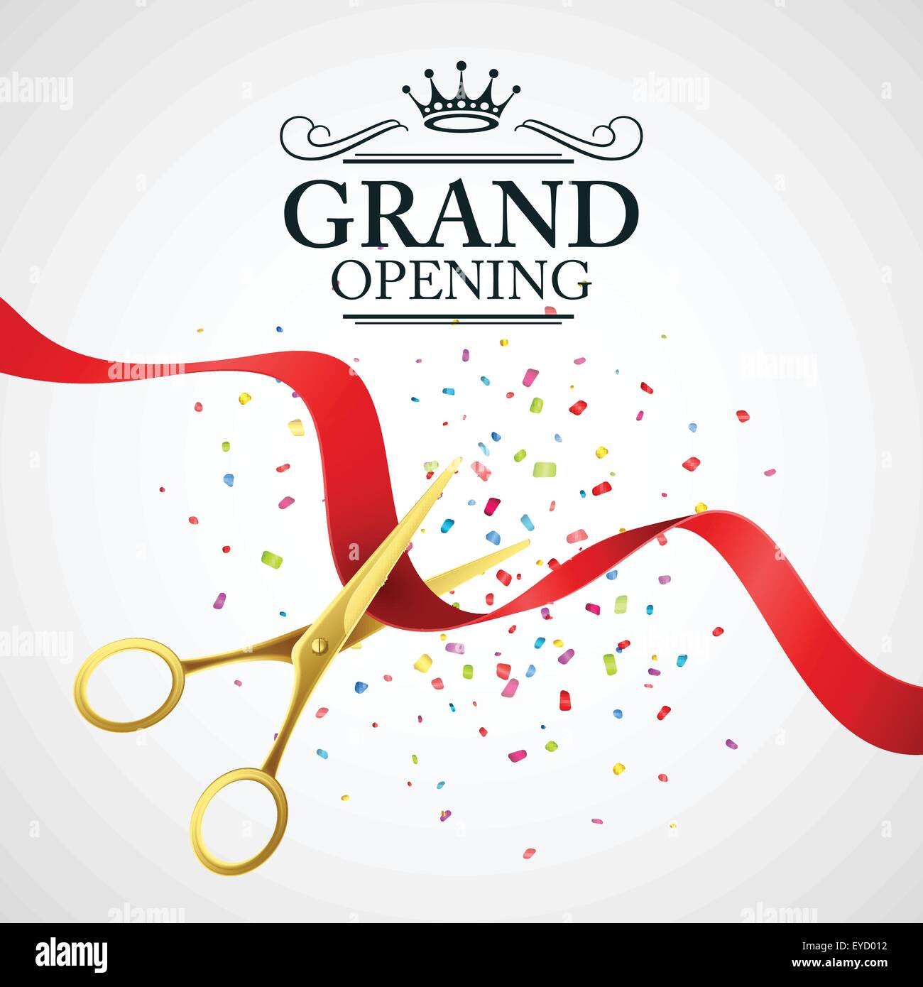 Grand Opening Banner With Cut Red Ribbon And Gold Scissors. Vector