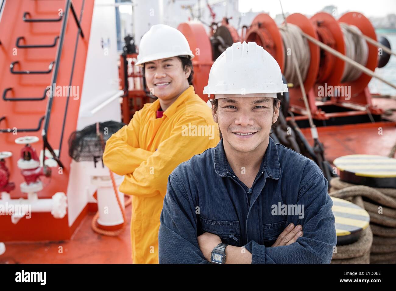 Portrait of workers on oil tanker Stock Photo