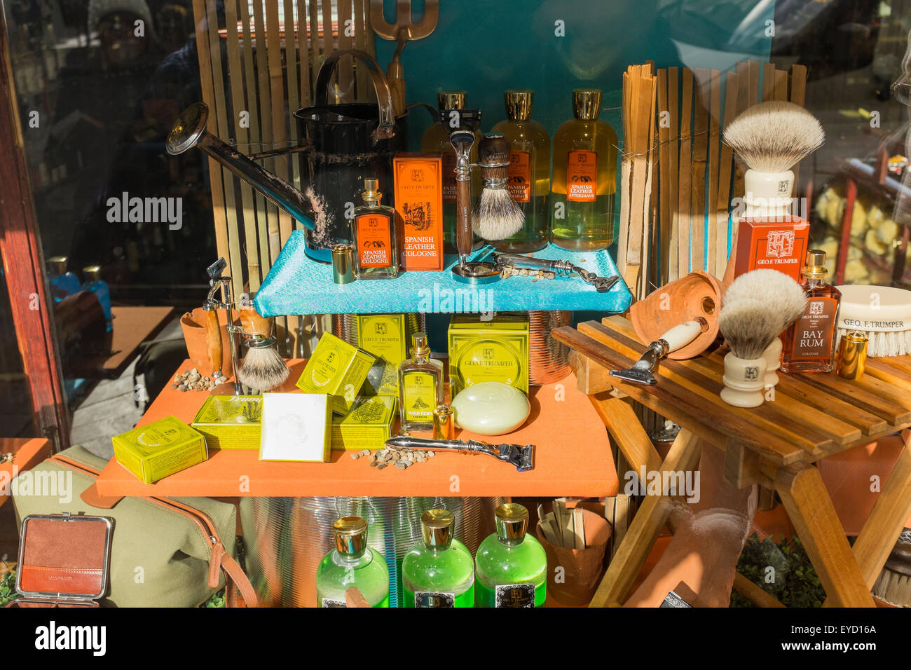 Widow display by G F Trumper, a traditional barbershop, in Mayfair, London, UK Stock Photo