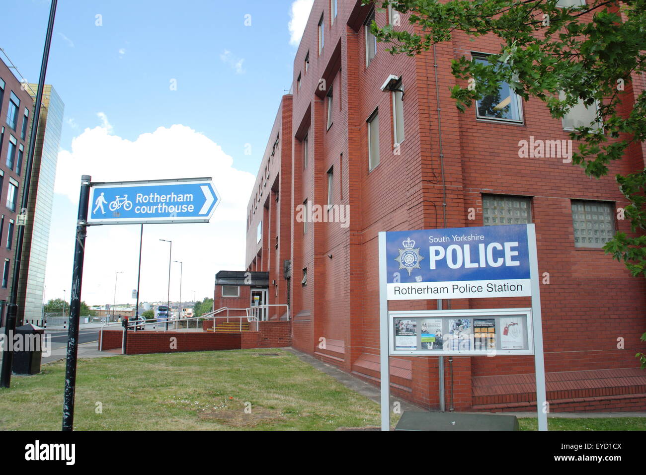 Rotherham's Main Street police station and signage to law courts, Rotherham, South Yorkshire Rotherham's Main Street police station and signage to law courts, Rotherham, South Yorkshire