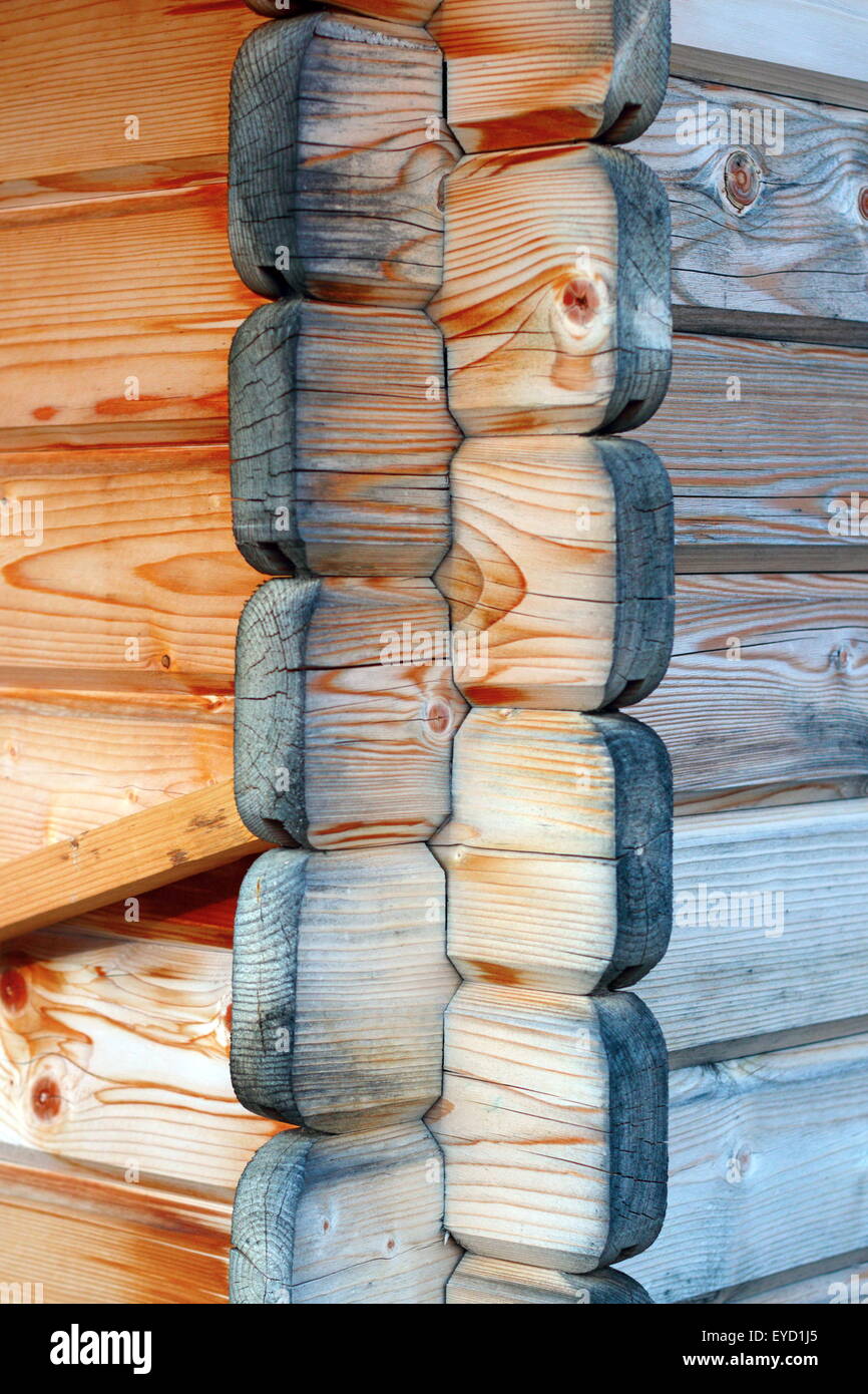 detail of wooden wall joint - traditional lodge Stock Photo