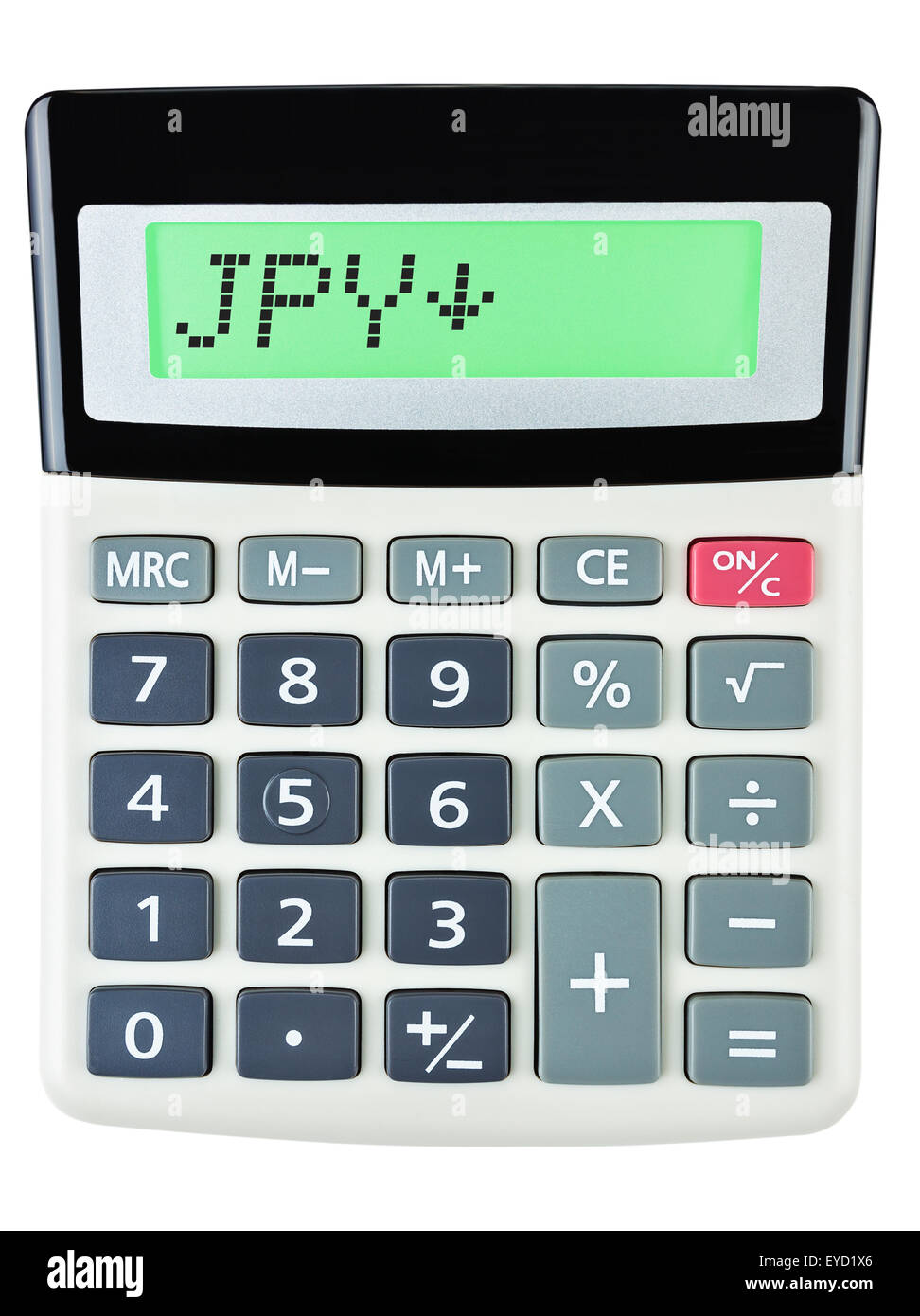 Calculator with JPY on display on white background Stock Photo