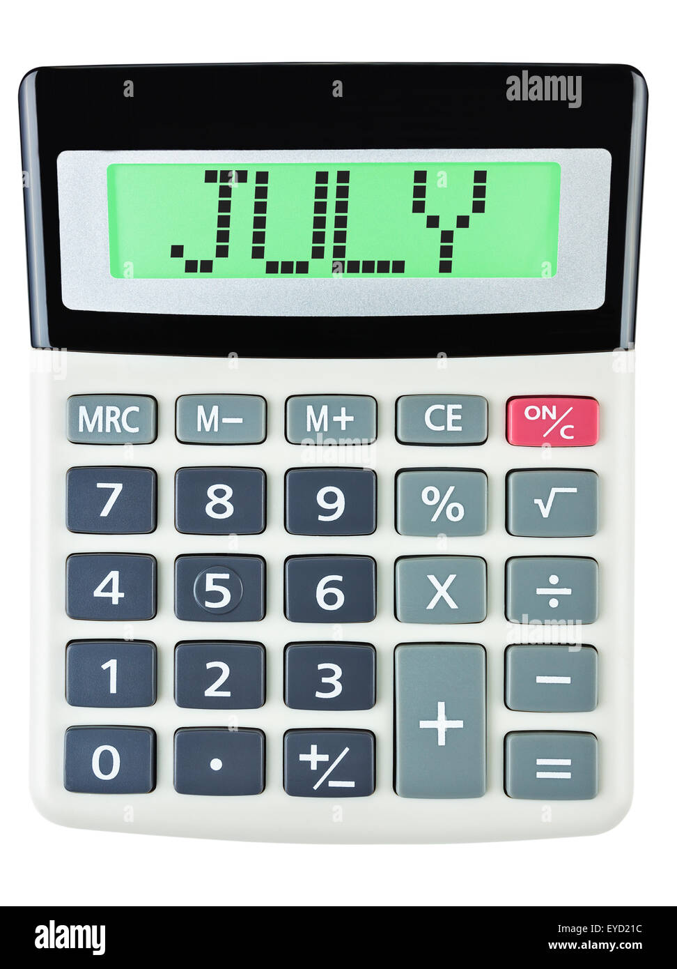 Calculator with JULY on display isolated on white background Stock Photo