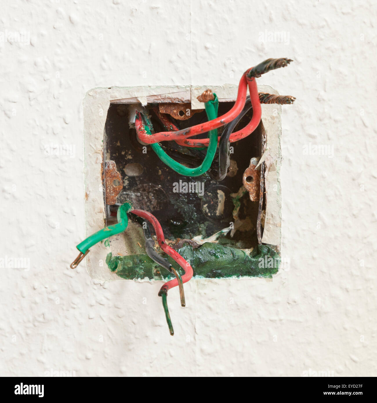 Electrical wiring with the socket removed showing the problem of Di-osoctyl Pathalate in the UK, causing a green discharge Stock Photo