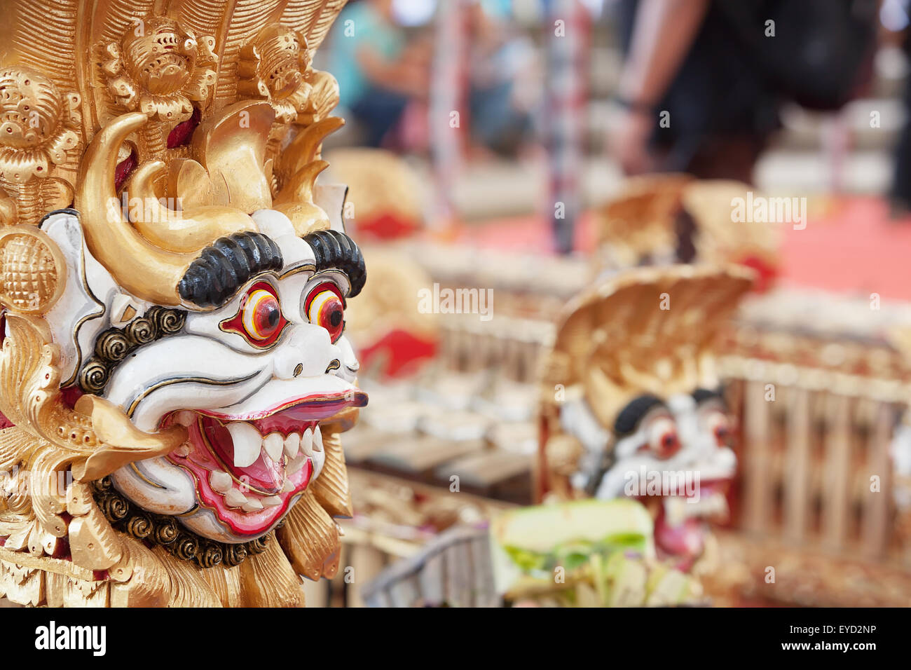 Traditional Balinese musical orchestra Gamelan - percussion instruments decorated by mythological animals - Barong. Stock Photo