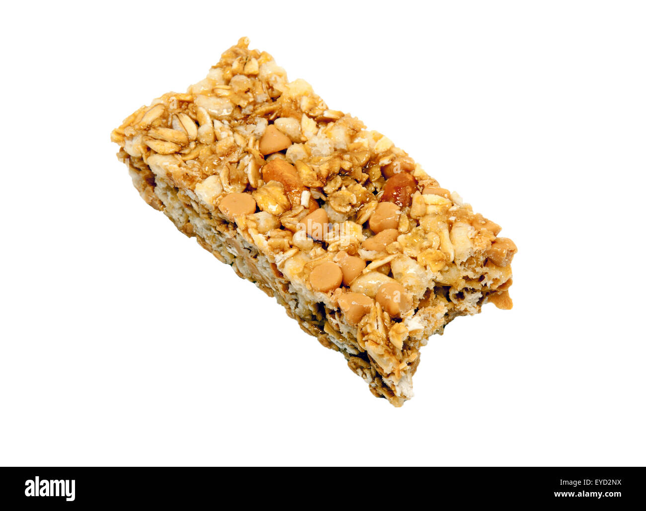 Chewy granola bar bite on white background Stock Photo