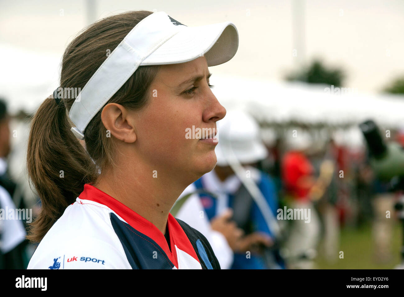 Copenhagen, Denmark, July 27th, 2015. British archer Nicky Hunt is concentrating before her shots at in the qualifying round at the World Archery Championships in Copenhagen Stock Photo