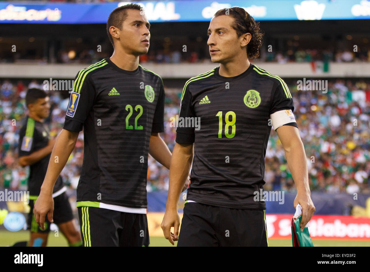 July 26, 2015: Mexico midfielder Andres Guardado (18) looks on wtith defender Paul Aguilar (22) during the CONCACAF Gold Cup 2015 Final match between Jamaica and Mexico at Lincoln Financial Field in Philadelphia, Pennsylvania. Mexico won 3-1. Christopher Szagola/CSM Stock Photo