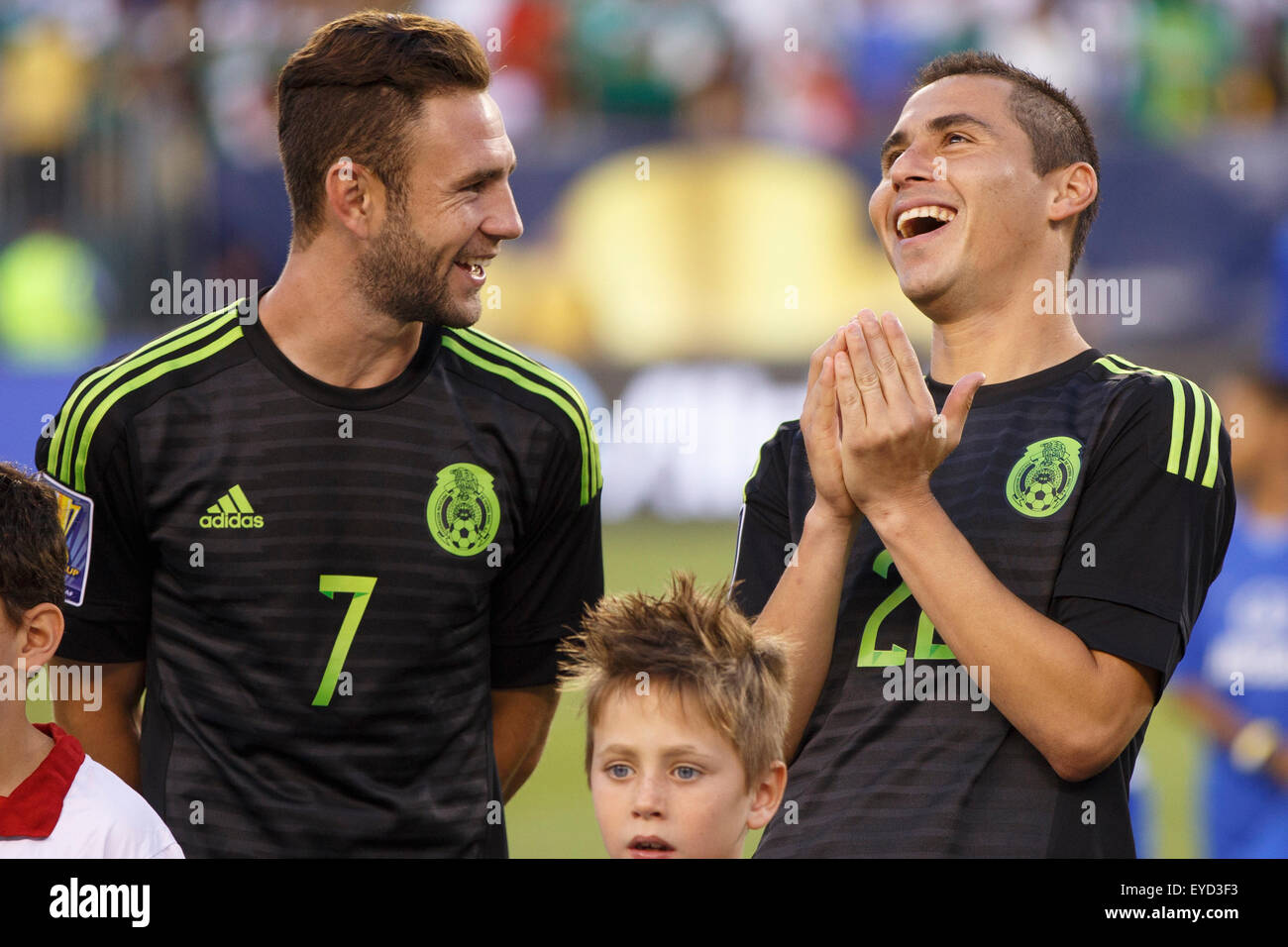 July 26, 2015: Mexico defender Paul Aguilar (22) laughs with defender Miguel Layun (7) prior to the CONCACAF Gold Cup 2015 Final match between Jamaica and Mexico at Lincoln Financial Field in Philadelphia, Pennsylvania. Mexico won 3-1. Christopher Szagola/CSM Stock Photo