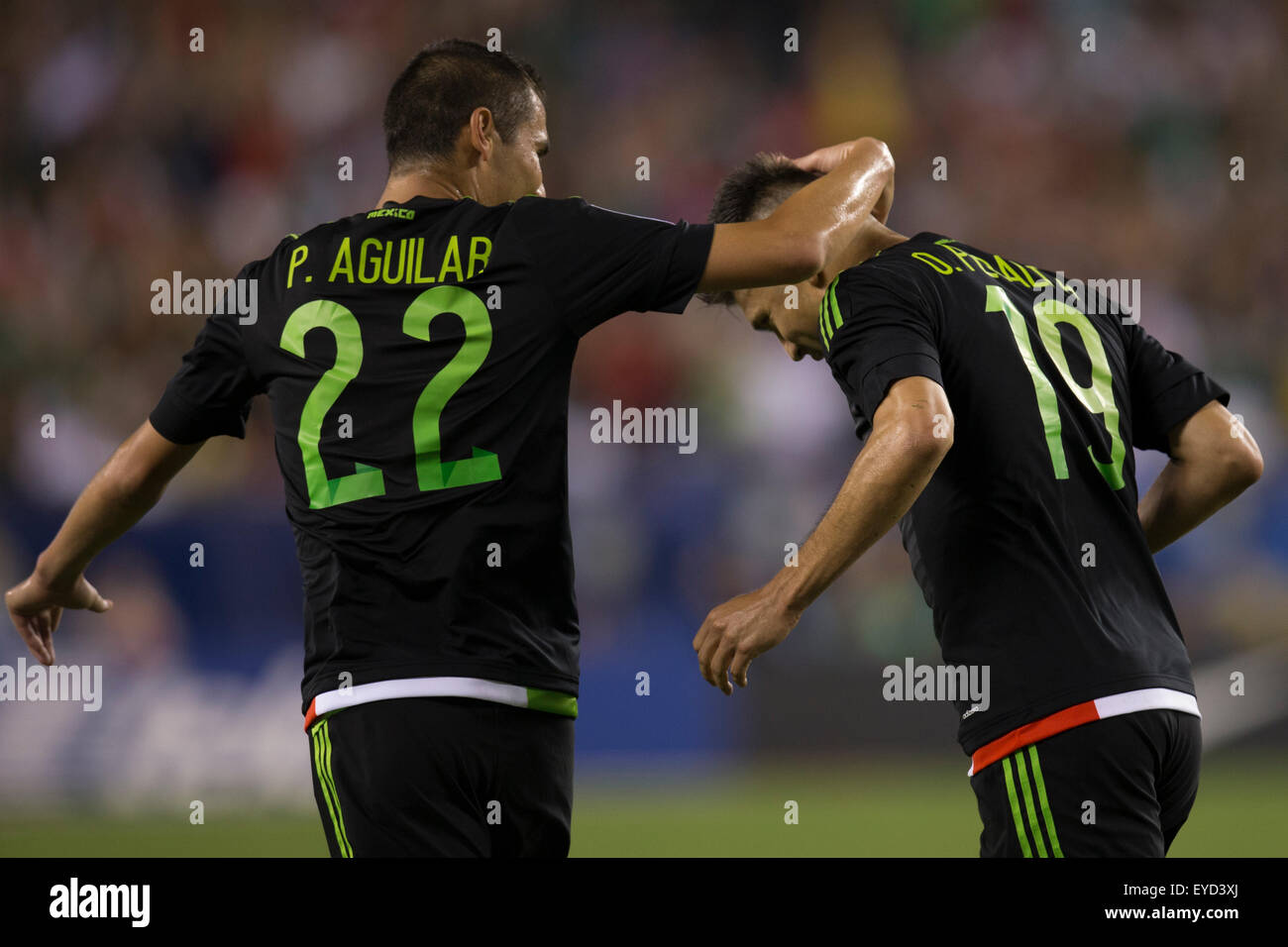 July 26, 2015: Mexico forward Oribe Peralta (19) reacts to his goal with defender Paul Aguilar (22) during the CONCACAF Gold Cup 2015 Final match between Jamaica and Mexico at Lincoln Financial Field in Philadelphia, Pennsylvania. Mexico won 3-1. Christopher Szagola/CSM Stock Photo
