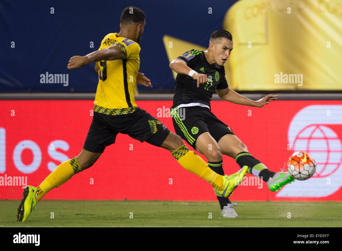 July 26, 2015: Mexico midfielder Jorge Torres Nilo (17) kicks the ball away from Jamaica defender Adrian Mariappa (19) during the CONCACAF Gold Cup 2015 Final match between Jamaica and Mexico at Lincoln Financial Field in Philadelphia, Pennsylvania. Mexico won 3-1. Christopher Szagola/CSM Stock Photo