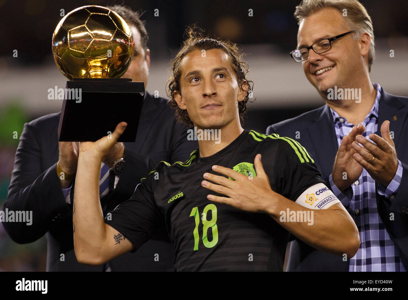 July 26, 2015: Mexico midfielder Andres Guardado (18) reacts to getting the Golden Ball award following the CONCACAF Gold Cup 2015 Final match between Jamaica and Mexico at Lincoln Financial Field in Philadelphia, Pennsylvania. Mexico won 3-1. Christopher Szagola/CSM Stock Photo
