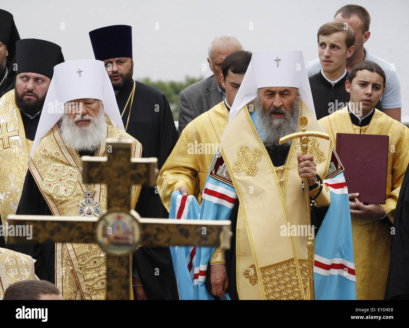 July 27, 2015 - Kiev, Ukraine - Metropolitan Onufry, head of the Ukrainian Orthodox Church of Moscow Patriarchate (3-R), participate in a prayer service marking the 1000th anniversary of the Repose of Vladimir the Great at St. Vladimirs Hill in Kiev, Ukraine, 27 July 2015. The Grand Prince of Kiev, Vladimir the Great, also known as St. Vladimir, Vladimir the Baptizer of Rus and Vladimir the Red Sun, was the first Christian ruler in the Kievan Rus who christianized the region. Orthodox believers will mark the 1027th anniversary of Kievan Rus Christianization on 28 July. (Credit Image: © Serg Gl Stock Photo
