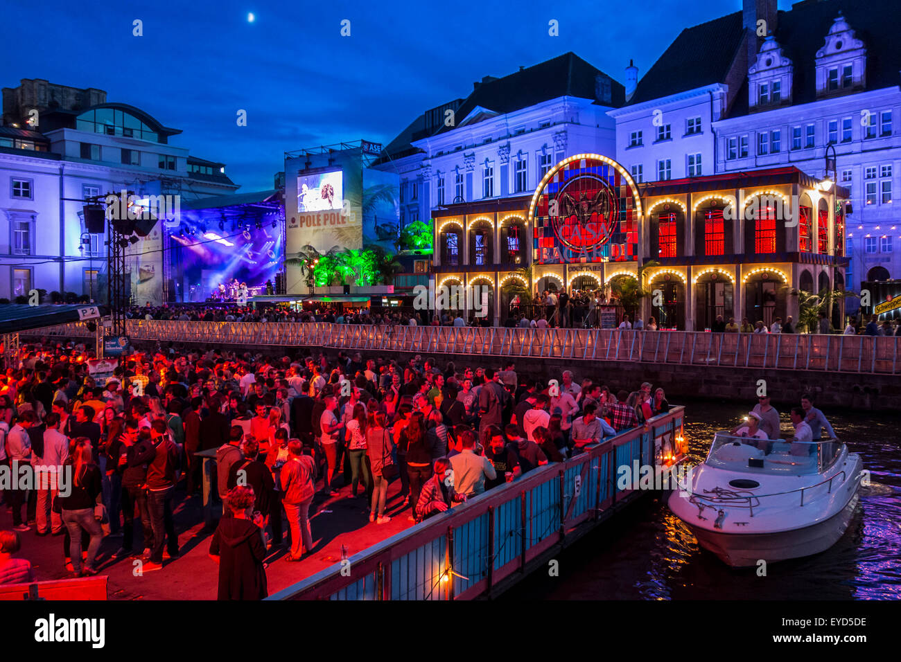 Visitors on grandstand watching the Polé Polé podium during the Gentse Feesten / Ghent Festival, summer festivities in Belgium Stock Photo