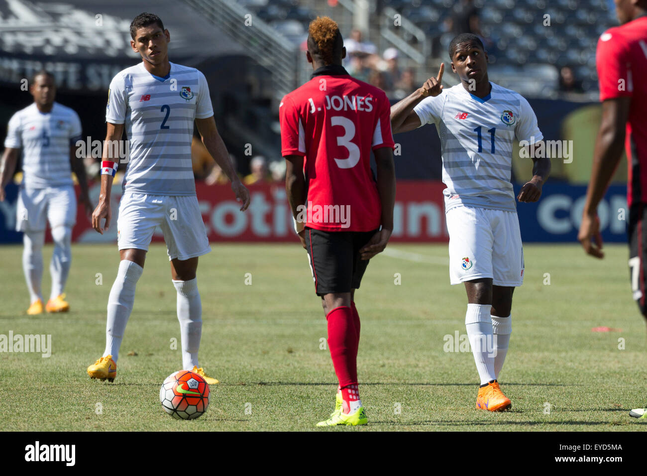 The Match By Shootout. 19th July, 2015. Panama midfielder Armando Cooper (11) reacts to Trinidad & Tobago midfielder Joevin Jones (3) during the CONCACAF Gold Cup 2015 Quarterfinal match between the Trinidad & Tobago and Panama at MetLife Stadium in East Rutherford, New Jersey. Panama won the match by shootout. (Christopher Szagola/Cal Sport Media) © csm/Alamy Live News Stock Photo