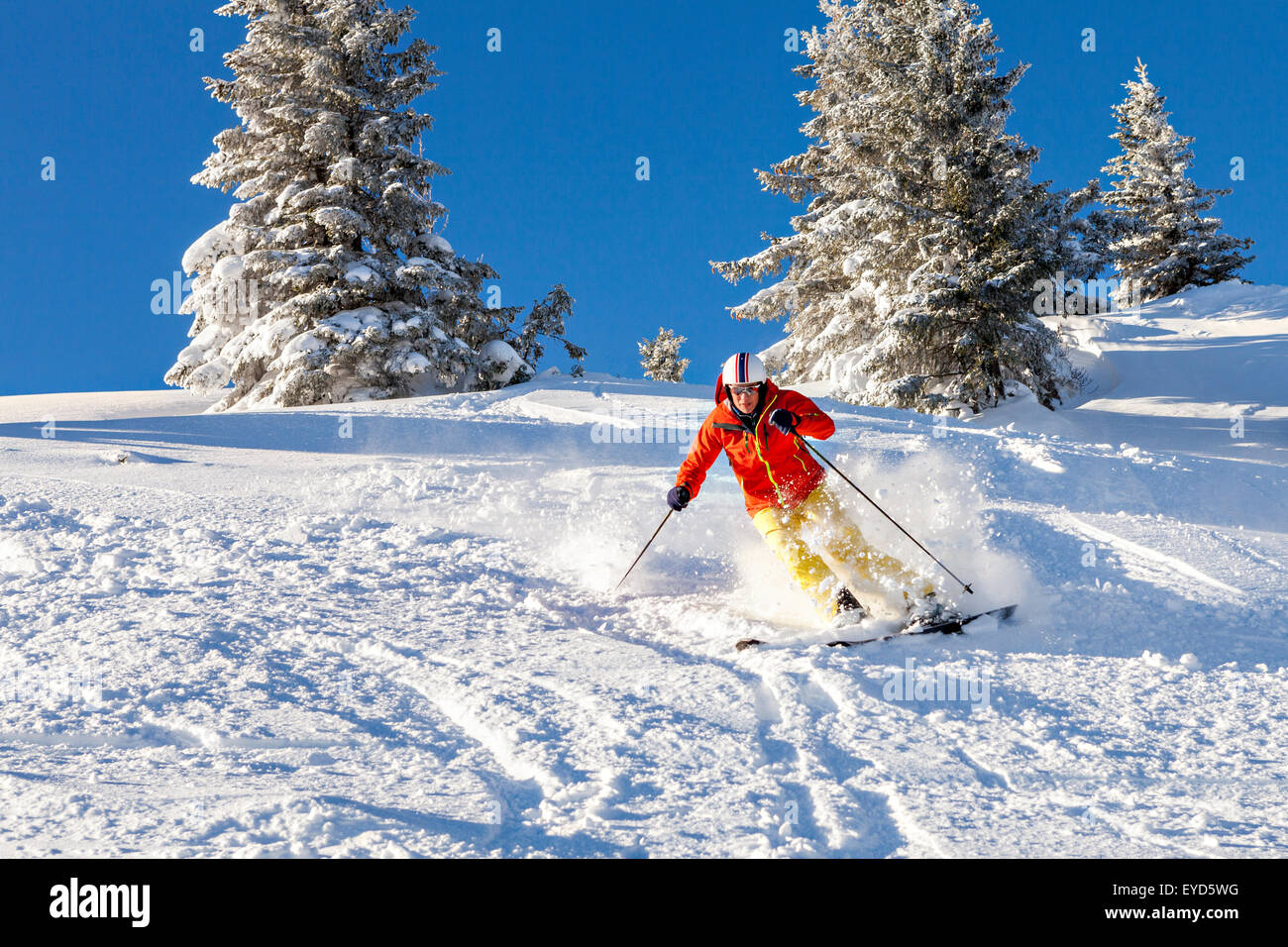 Ski holiday, woman skiing downhill, Sudelfeld, Bavaria, Germany Stock Photo