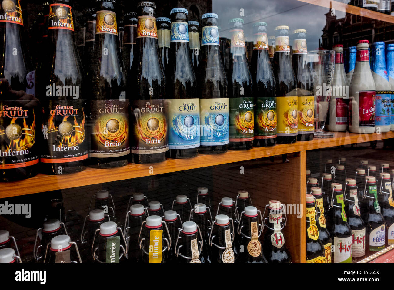 Belgian beers for sale in display window of liquor store in Belgium Stock Photo